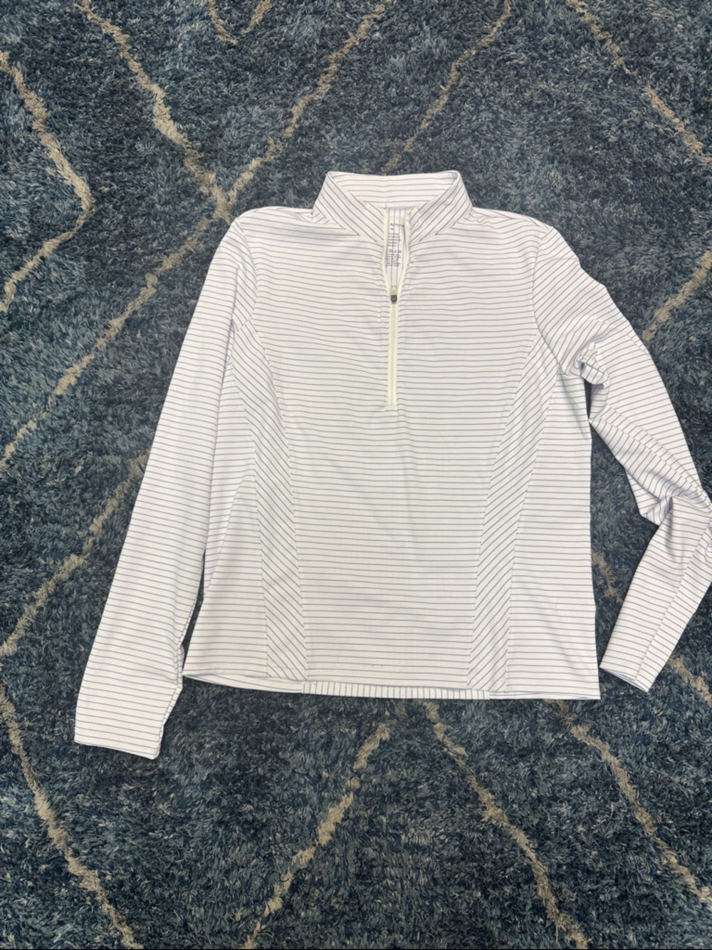Thrive Societe women Striped Half-Zip Pullover - White with Thin Navy Stripes